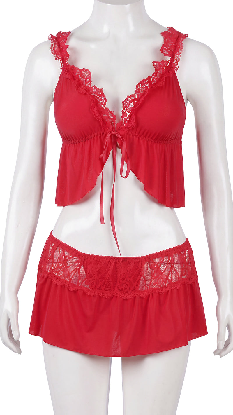 Red lace-trimmed lingerie top and skirt set on mannequin, front view