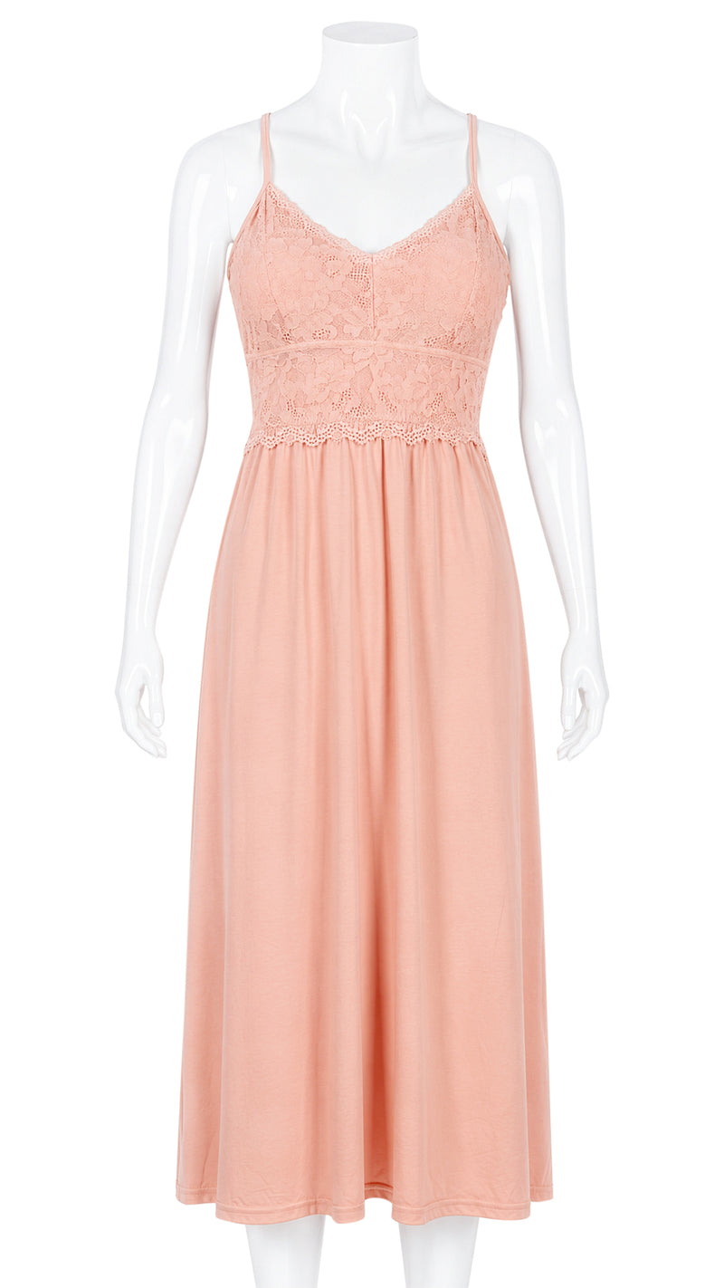 Mannequin display of peach lace-bodice nightgown with thin straps