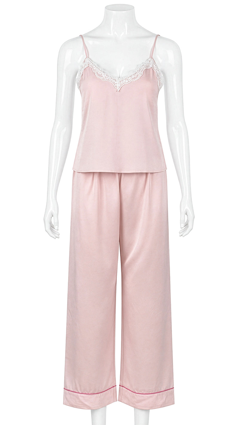 Mannequin display of pink satin lace-trim cami and pants set