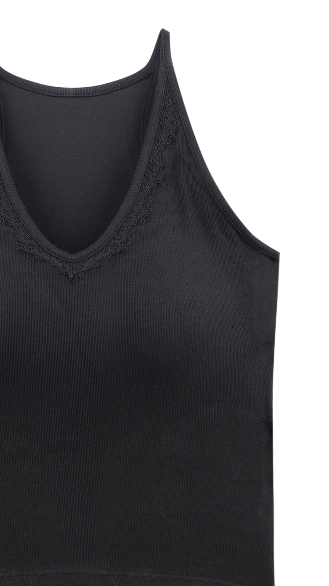 Close-up of lace trim detail on black tank top neckline