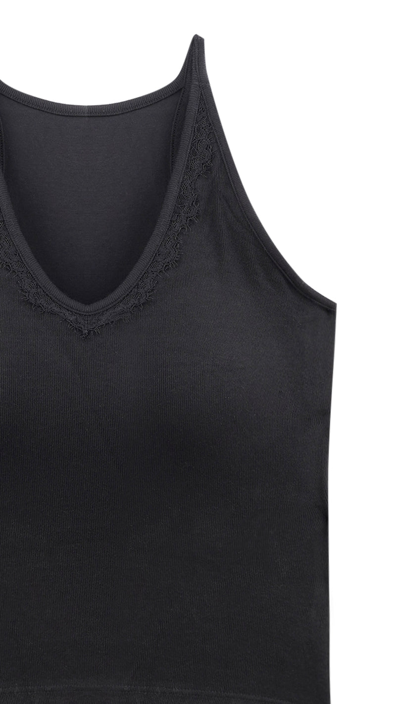 Close-up of lace trim detail on black tank top neckline