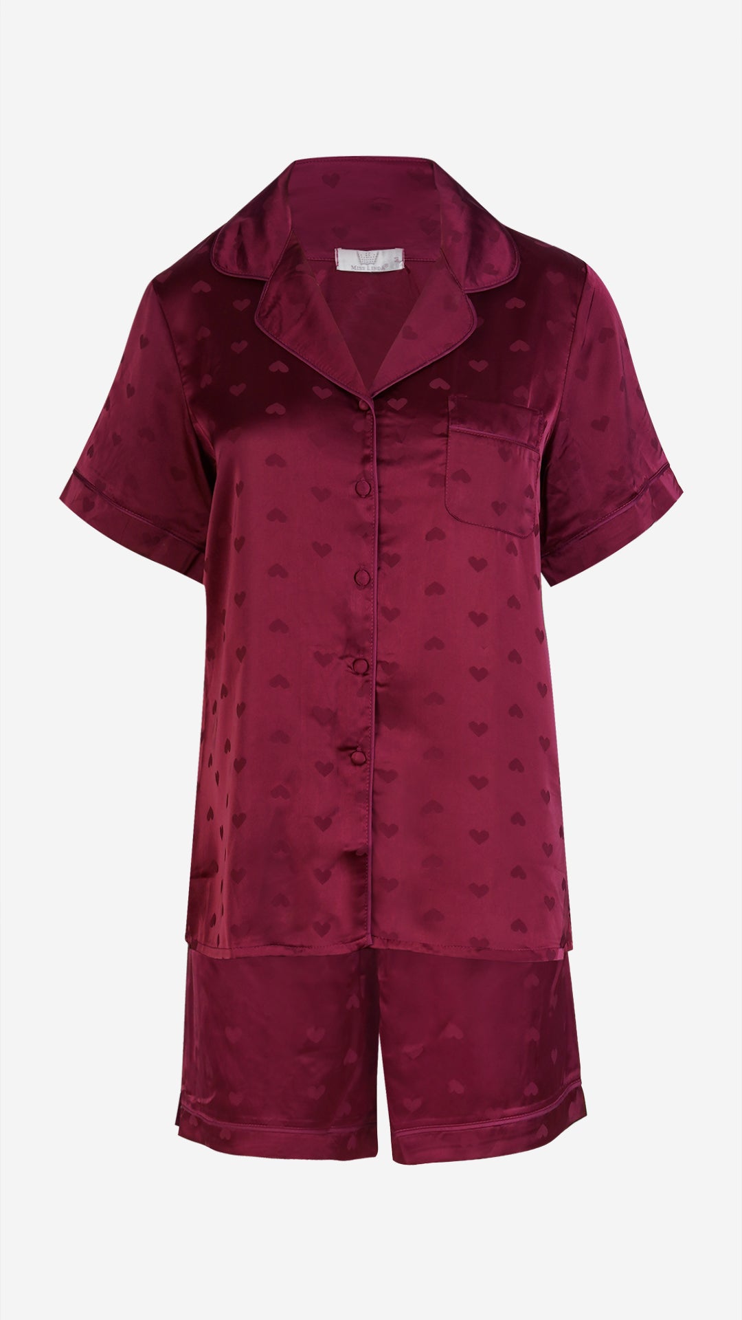 Wine Heart Jacquard Satin Pajama Set — Shirt, Shorts & Pants