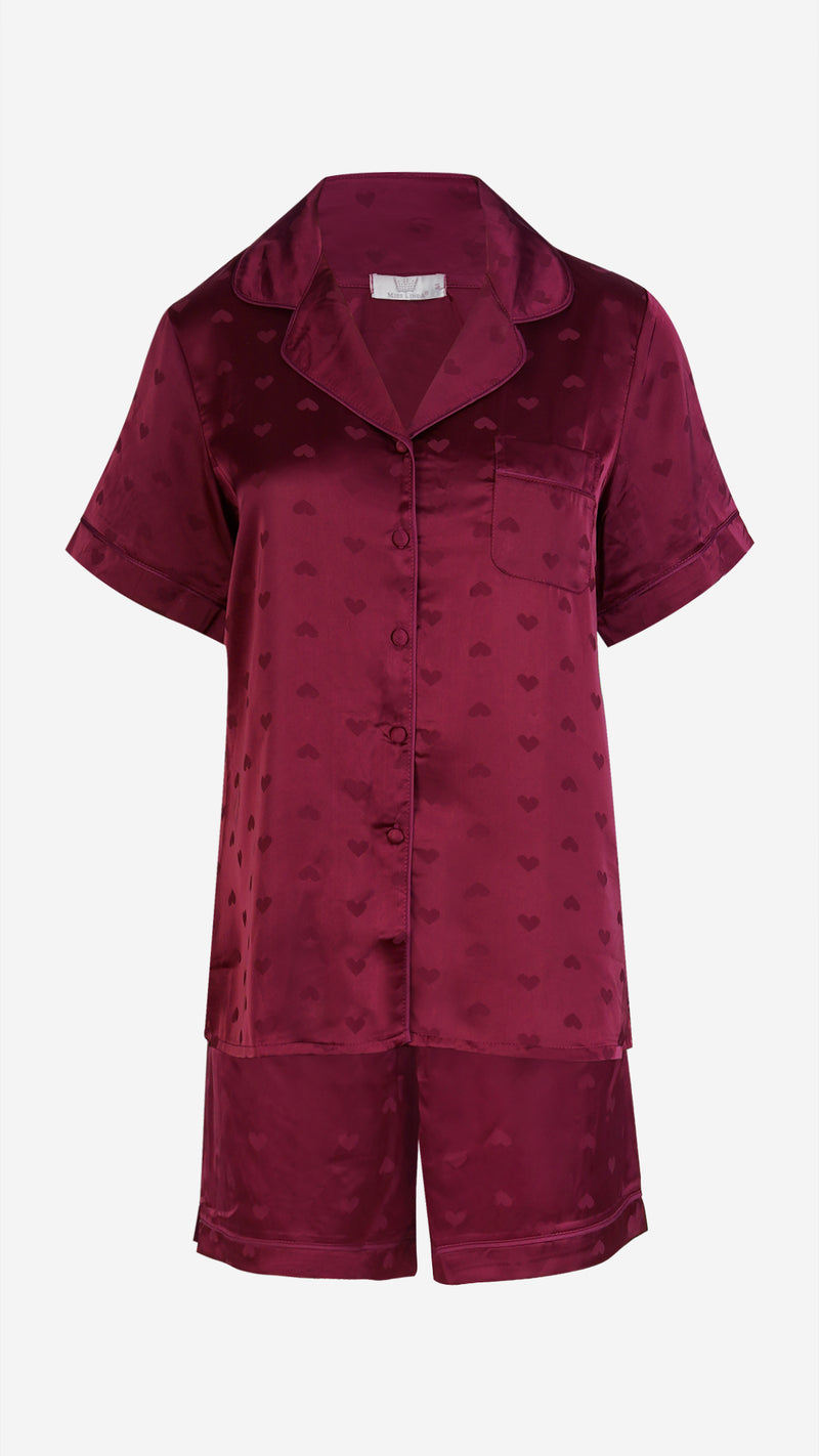 Wine Heart Jacquard Satin Pajama Set — Shirt, Shorts & Pants