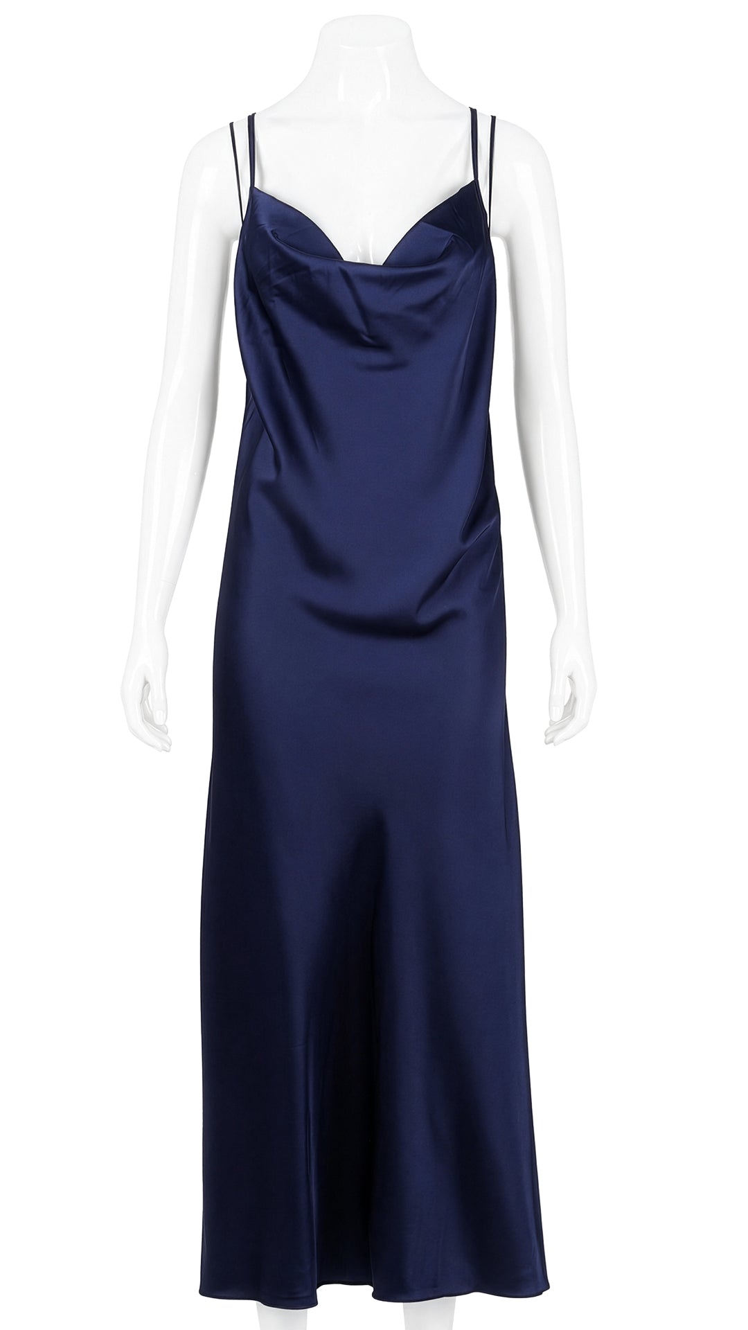 Navy satin cowl-neck slip dress on mannequin, front view