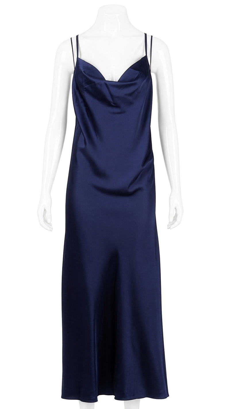 Navy satin cowl-neck slip dress on mannequin, front view