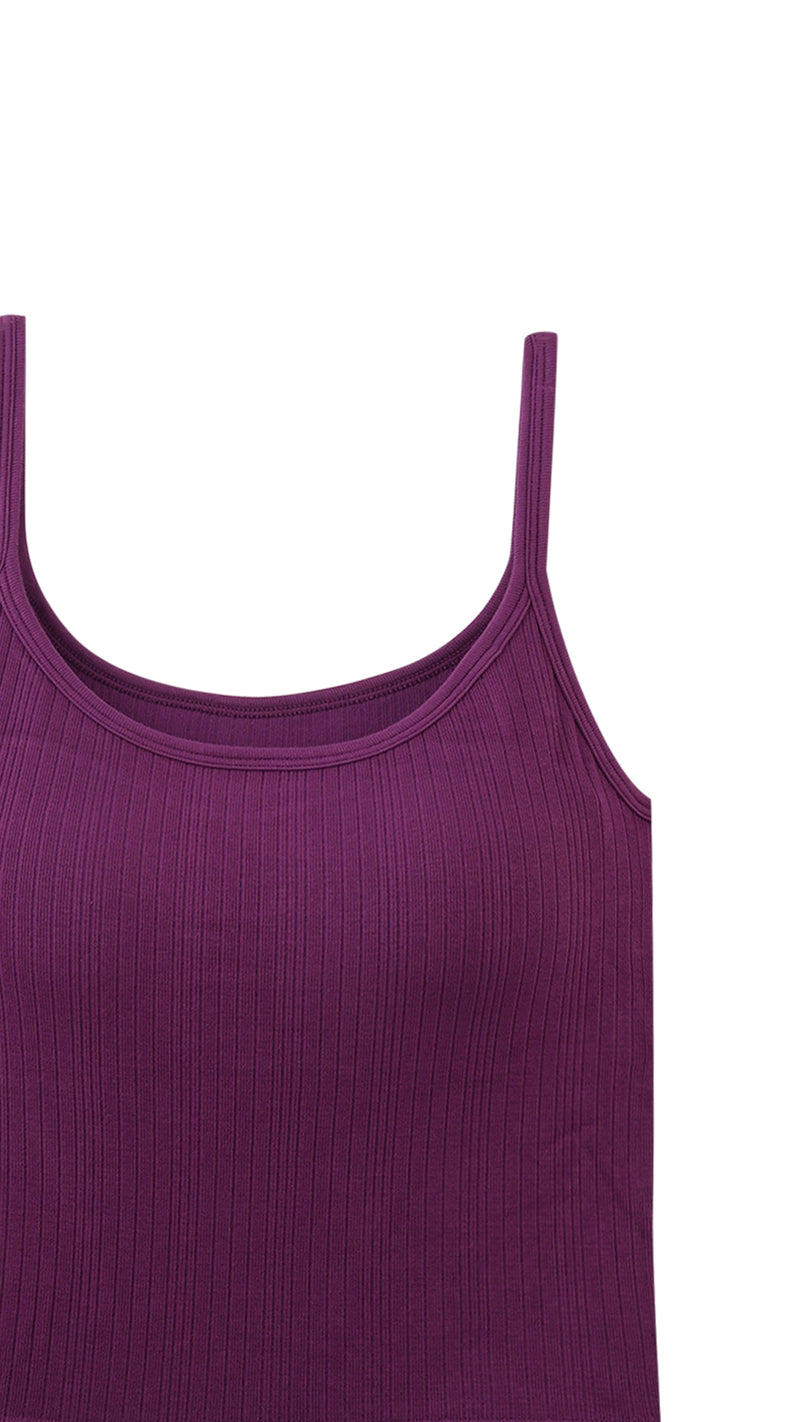 Close-up of purple ribbed cami top neckline