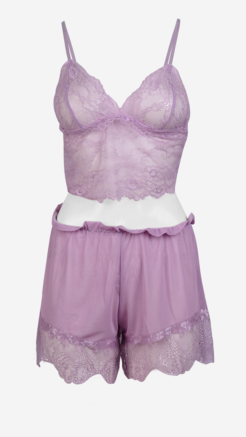 Lilac Lace Cami, Shorts & Robe 3-Piece Set