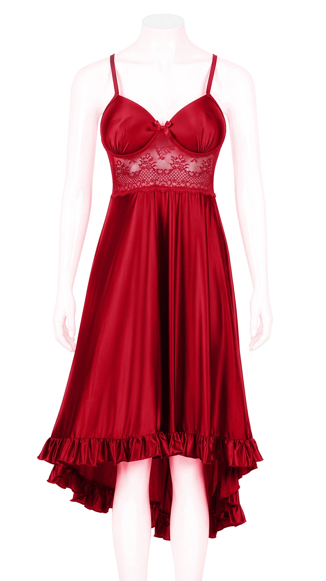 Maroon satin slip dress with lace detail on mannequin, front view