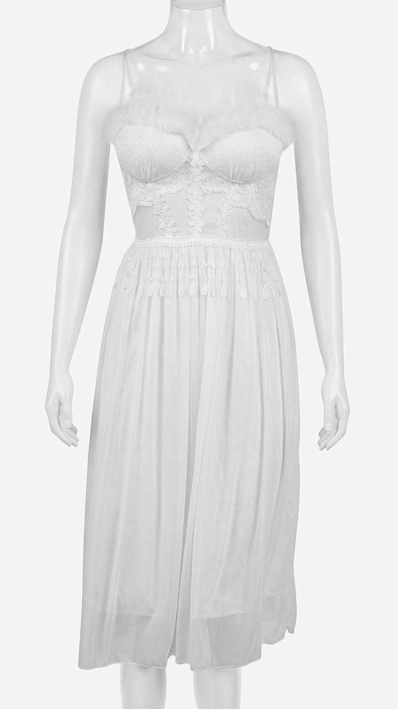 Front view of white lace tassel-trim nightgown on mannequin