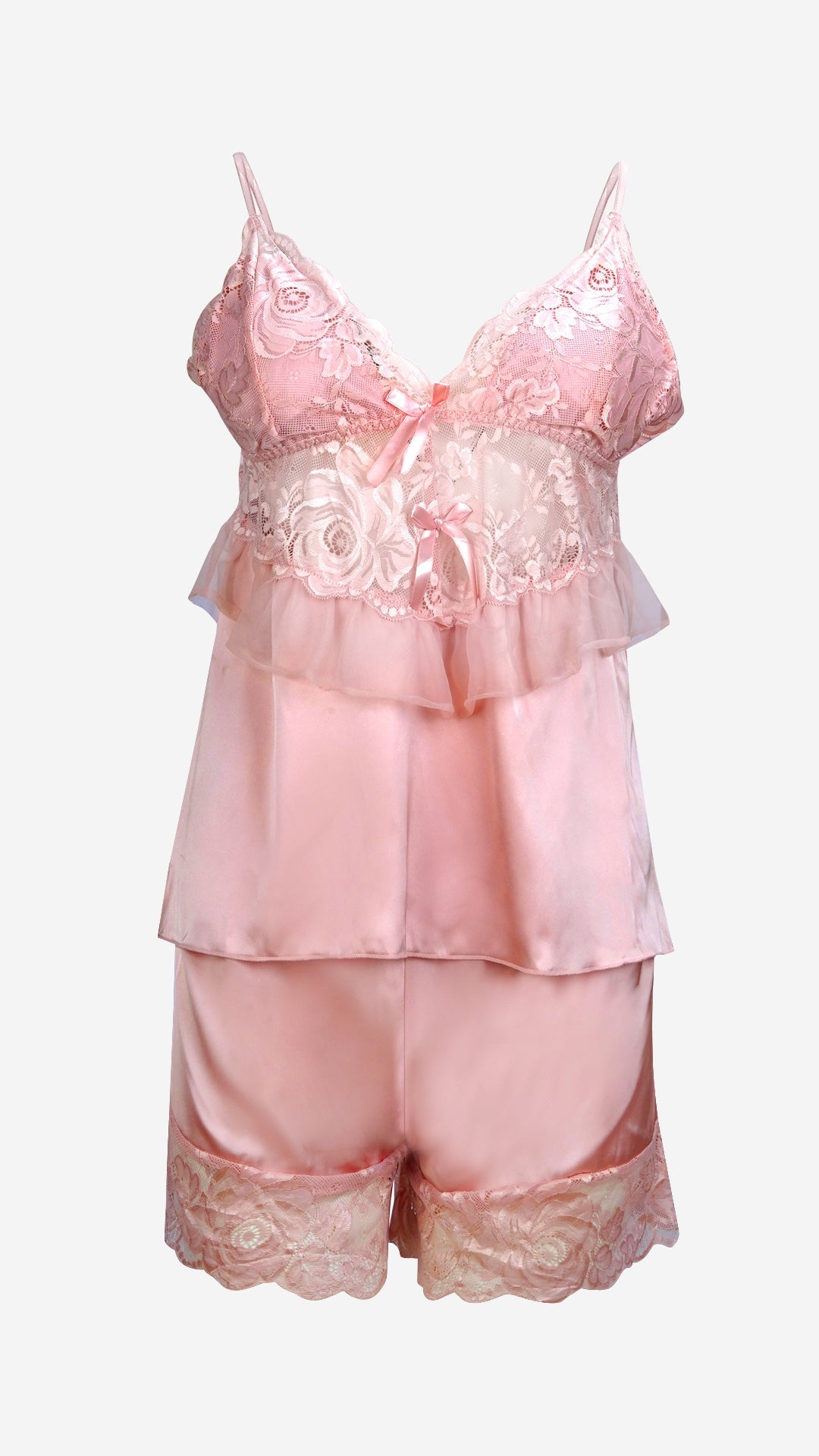Studio product shot of a dusty rose bridal lounge set featuring a floral lace cami and matching shorts.