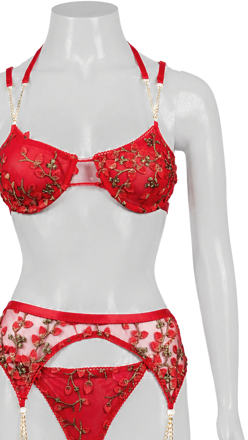 Red floral print bra and panty set with tassel detail on mannequin, front view