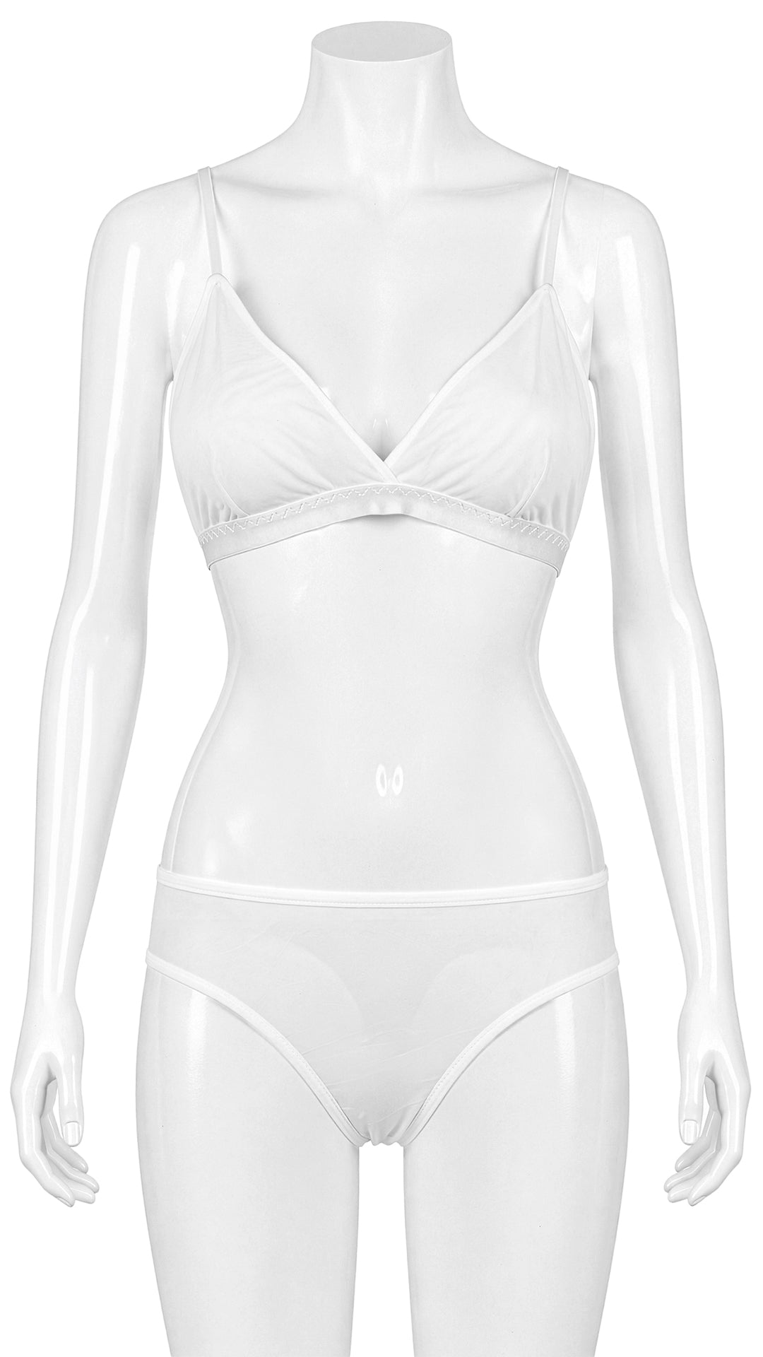 Mannequin display of white sheer bralette and panty set