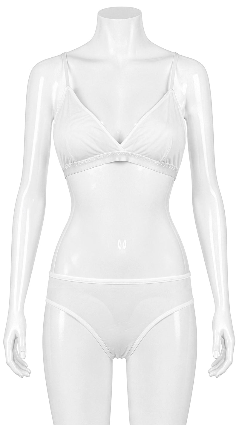 Mannequin display of white sheer bralette and panty set