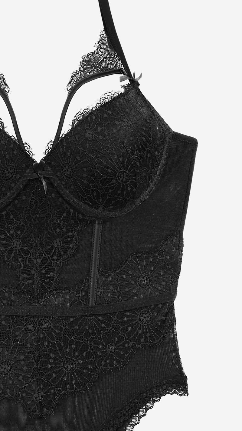 Black Lace Bodysuit with Sheer Mesh Panels