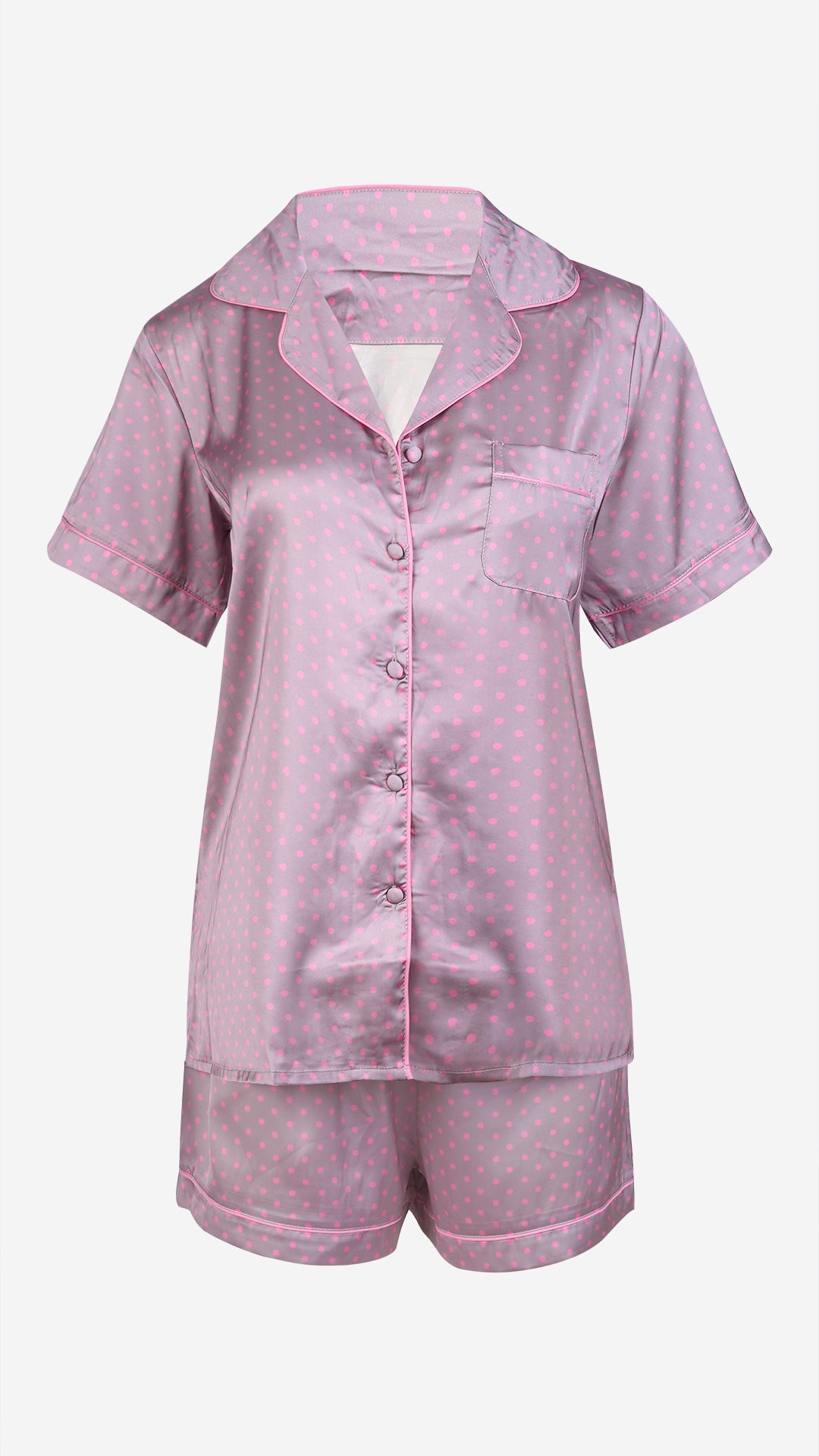 Mauve Polka Dot Satin 3pc Pajama Set – Shirt, Shorts & Pant