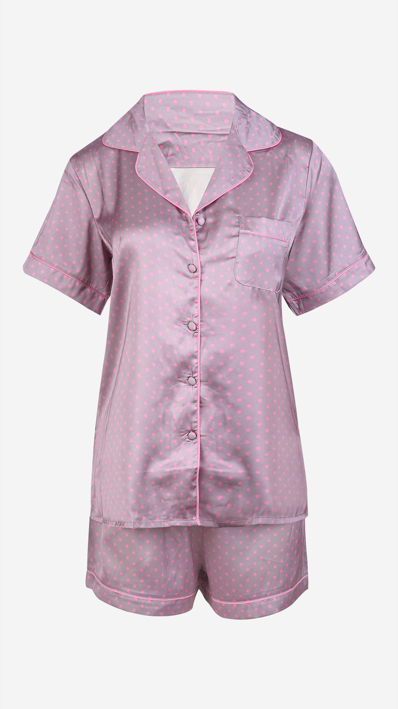 Mauve Polka Dot Satin 3pc Pajama Set – Shirt, Shorts & Pant