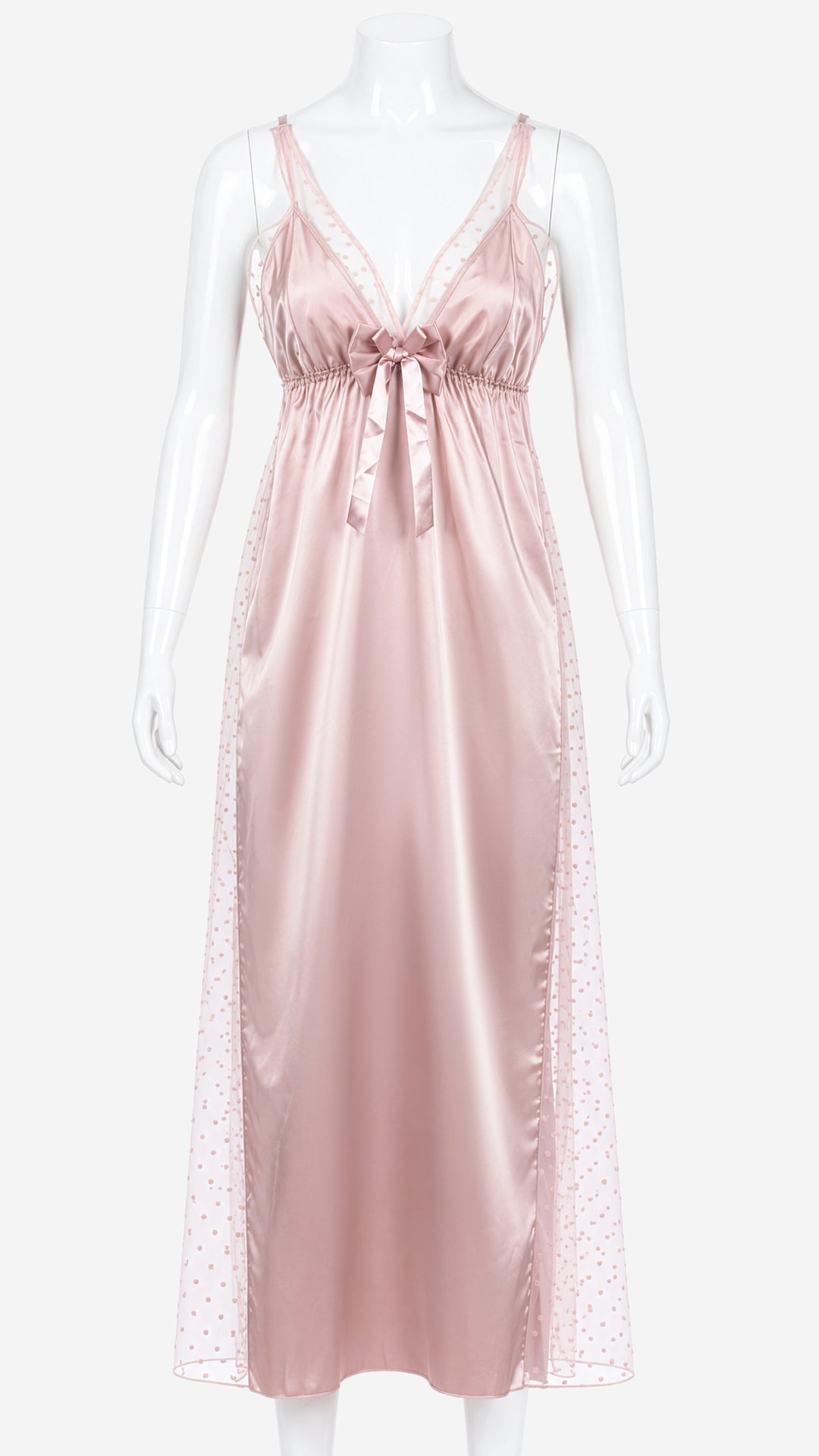 Product shot of blush pink satin nightdress with bow and heart mesh on mannequin