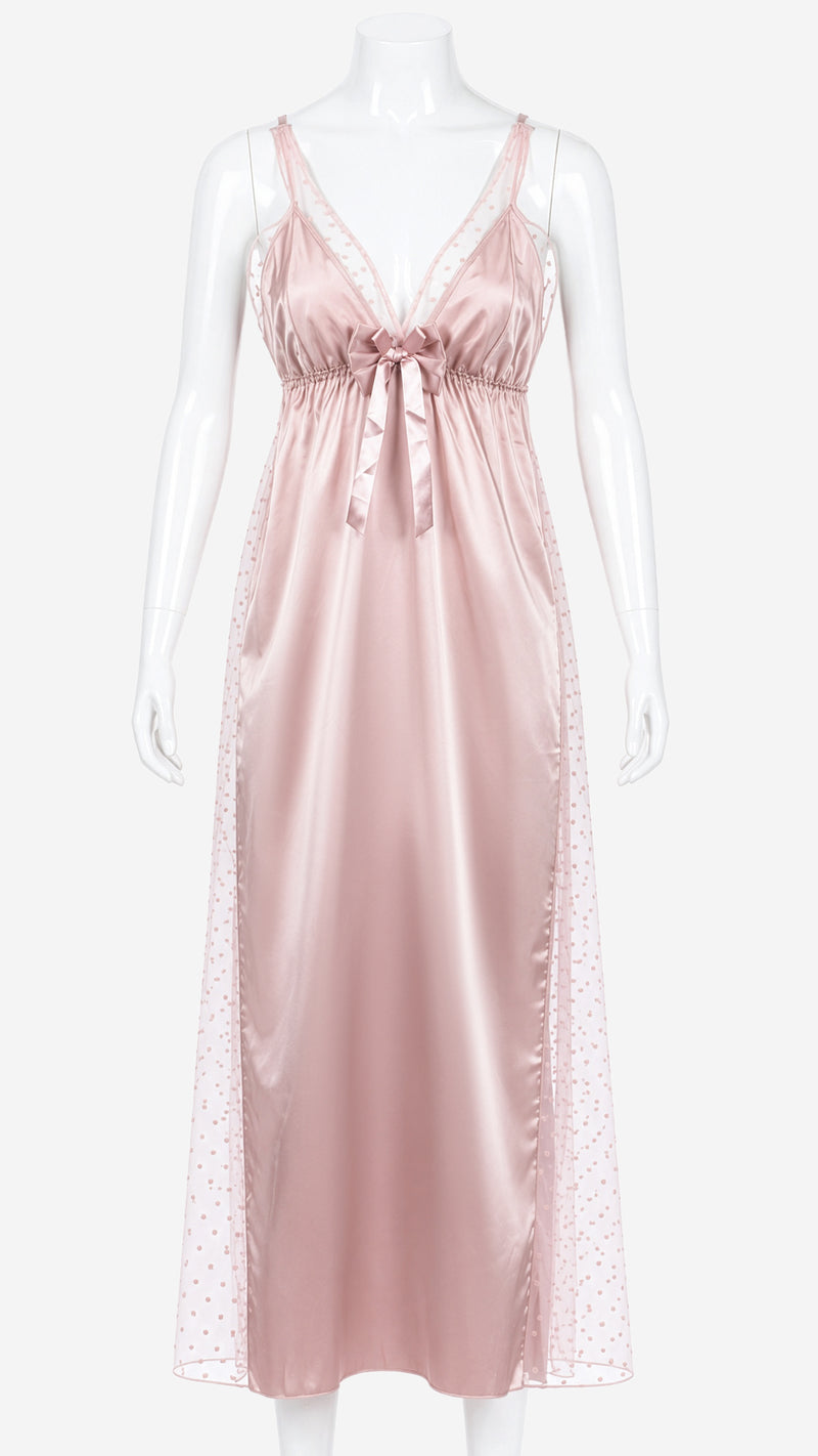 Product shot of blush pink satin nightdress with bow and heart mesh on mannequin