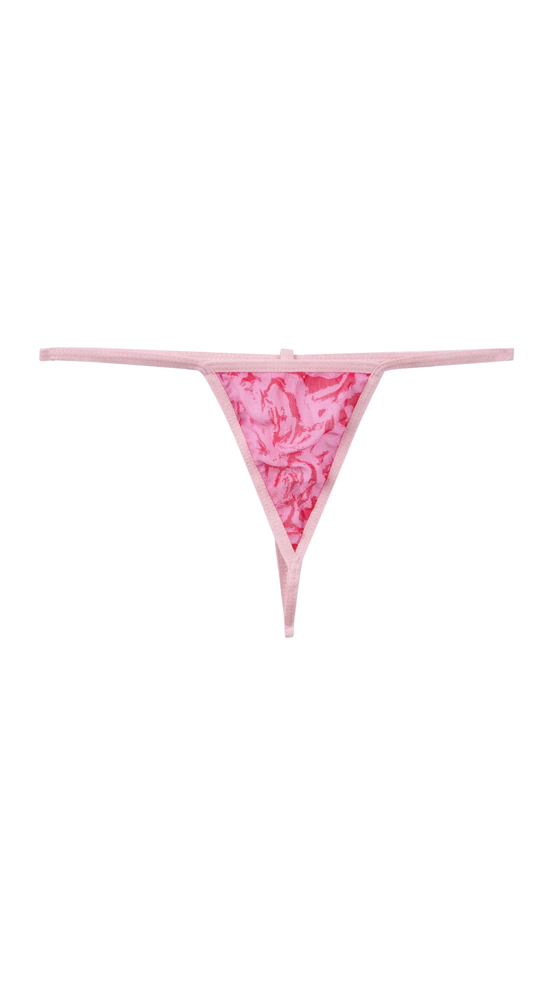 Product shot of pink rose-print thong on white background