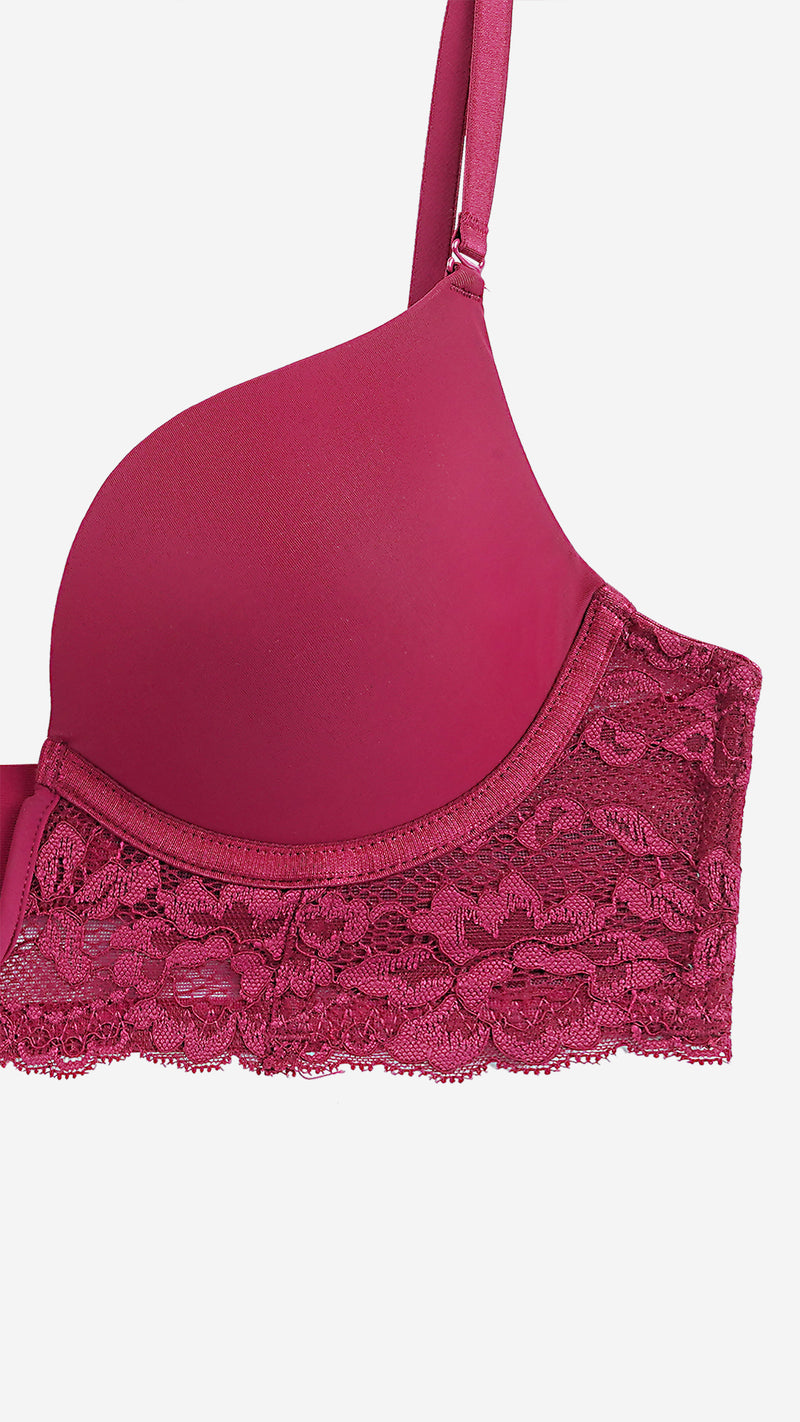 Wine Red Lace Plunge Bra – Padded, Wired