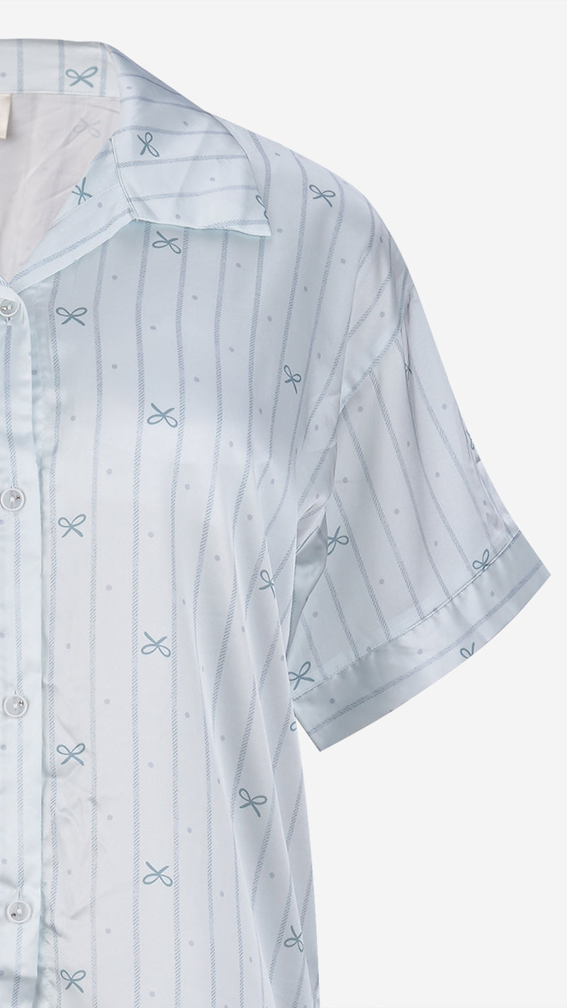 Sky Blue Striped Satin Shirt & Shorts PJ Set