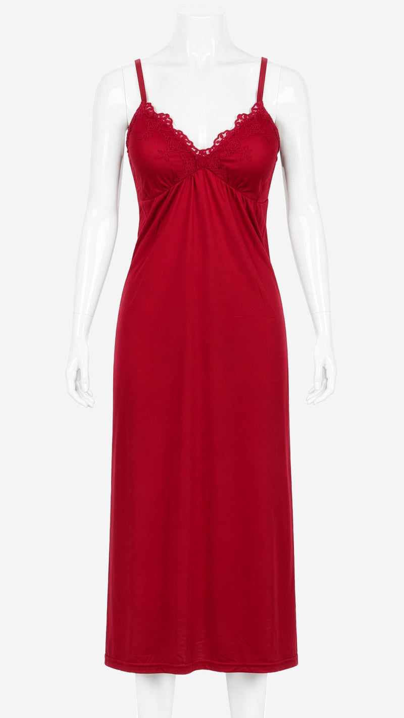 Product shot of red jersey nightdress with lace neckline on mannequin
