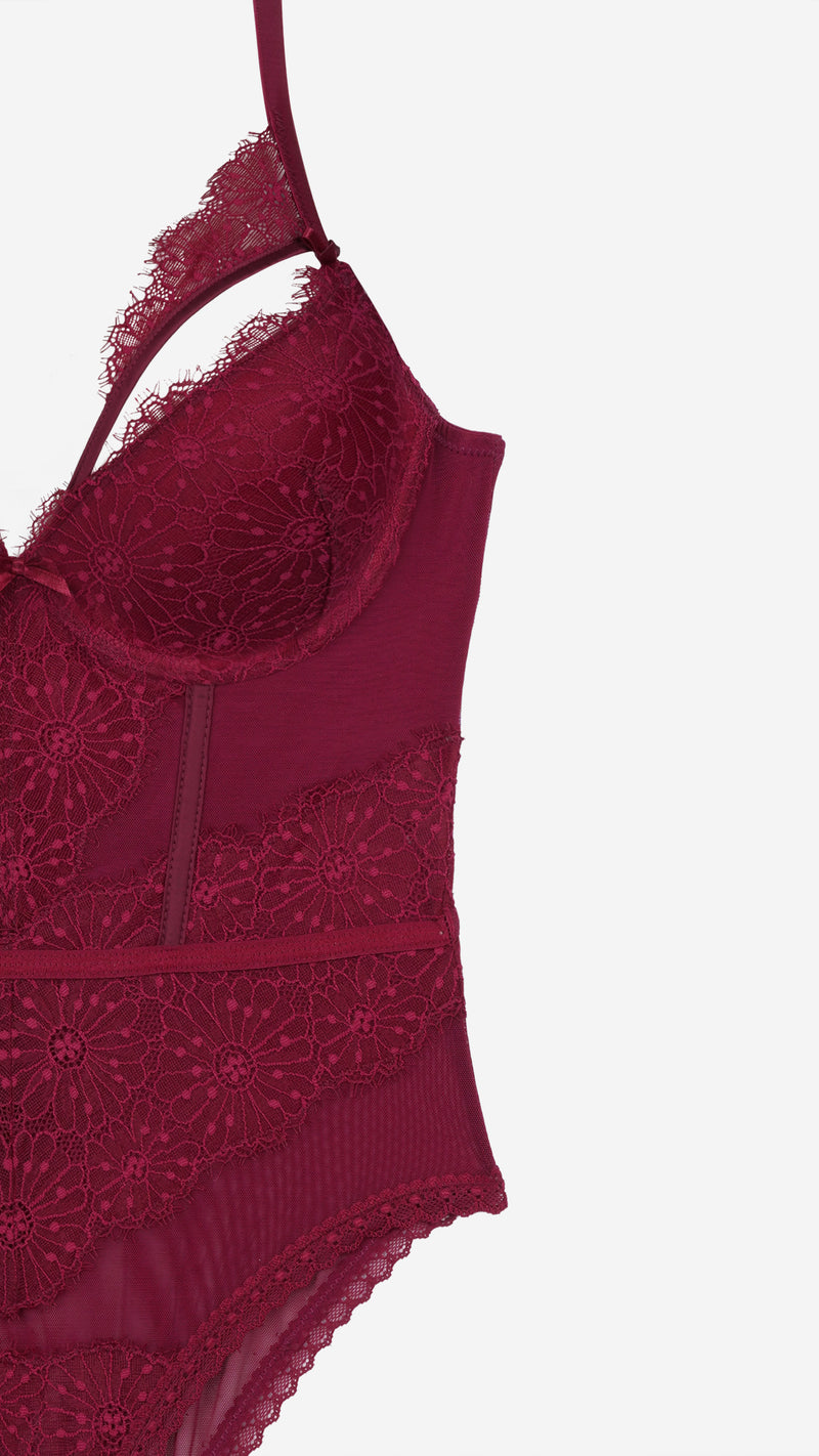 Savvyy Wine Floral Lace Bodysuit I Wired Cutout Strap