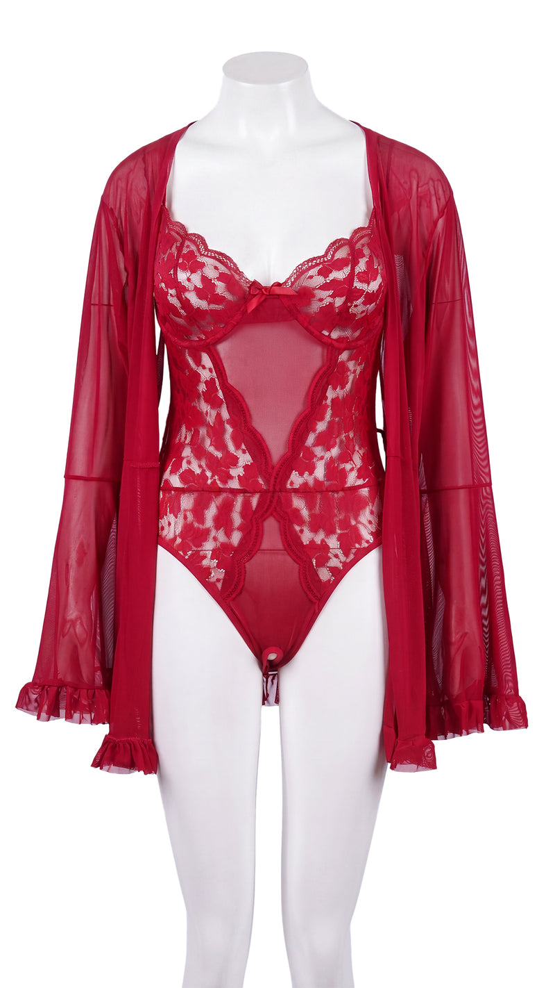 Red lace bodysuit with sheer robe on mannequin, back view