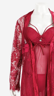 Satin-Trim Lace Robe & Power Net Padded Babydoll Set