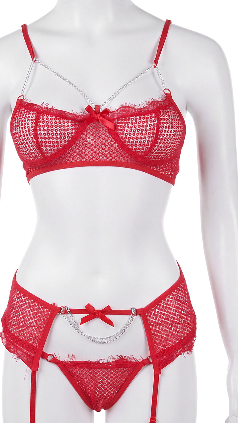 Fishnet bra and panty set with garter straps on mannequin, front view