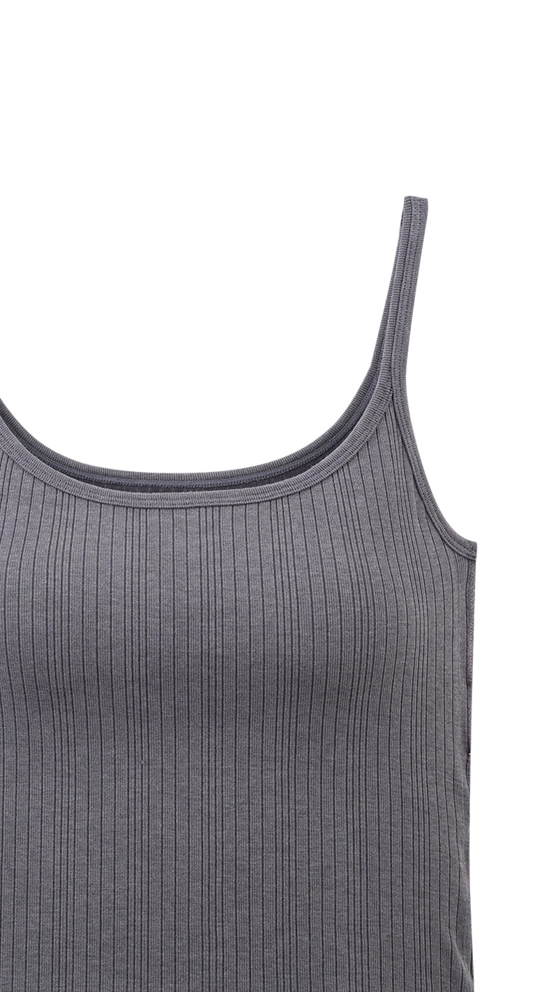 Close-up of grey ribbed cami top strap detail