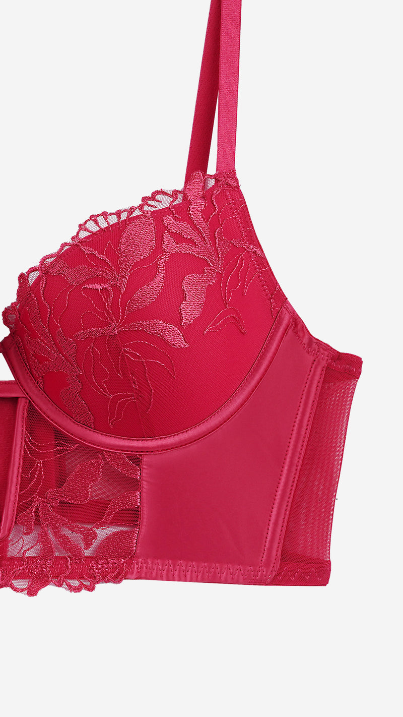 Red Floral Lace Strappy Cutout Balconette Bra
