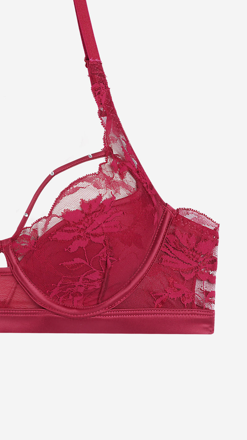 Wine Red Lace Bra with Strappy Detail