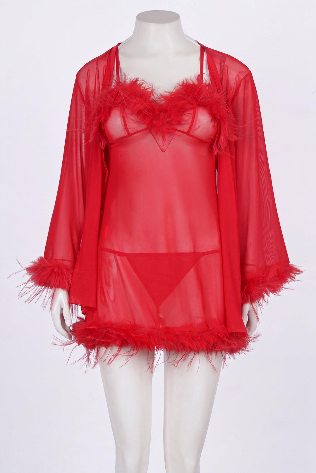 Front view of red feather-trim slip dress and robe set on mannequin