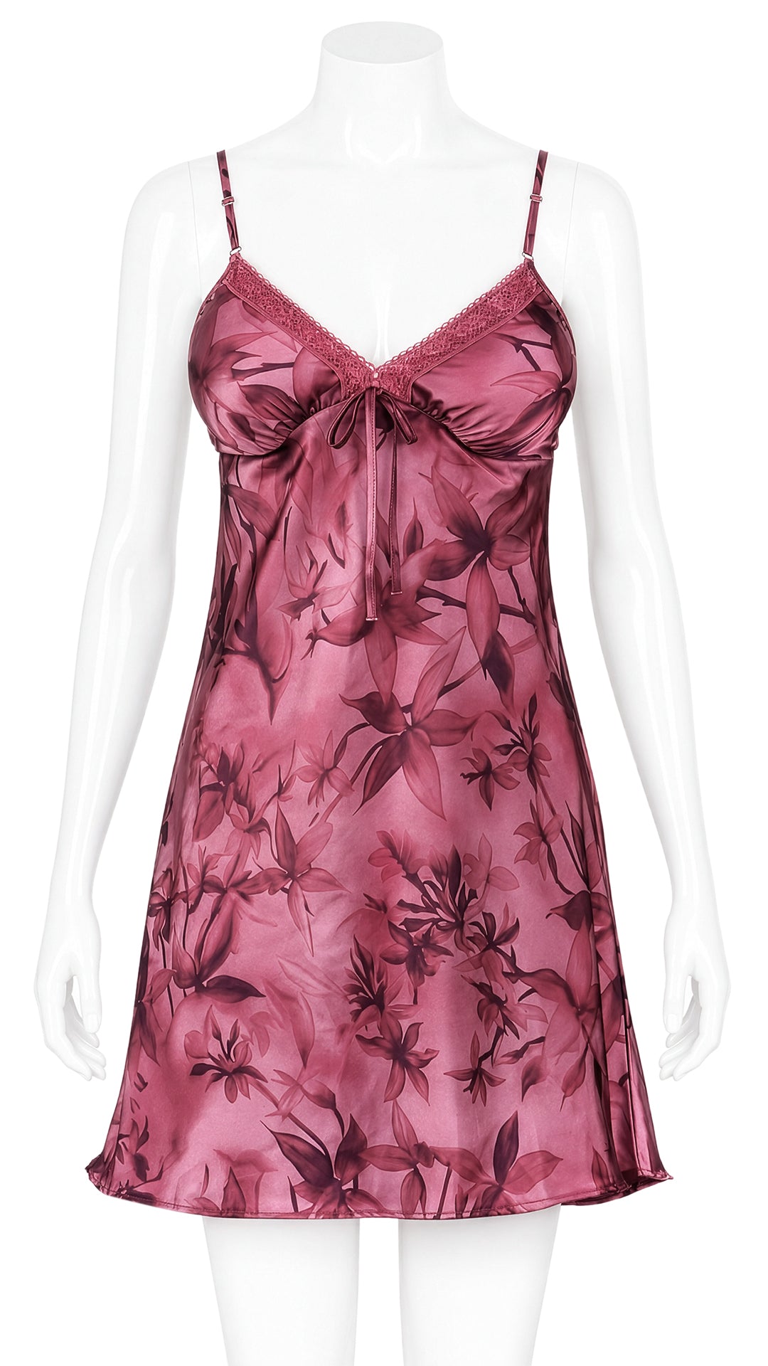 Mauve floral print satin nightdress with lace trim and bow detail on mannequin