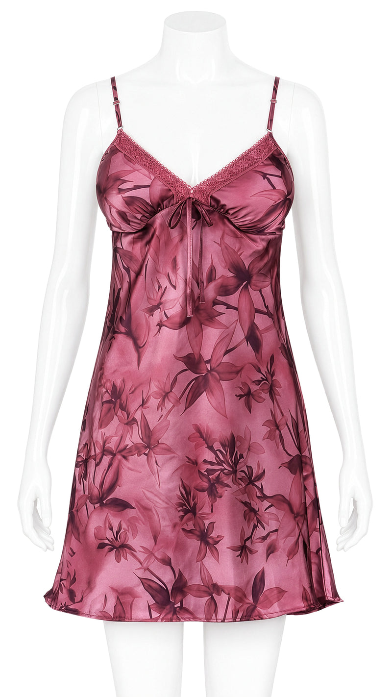 Mauve floral print satin nightdress with lace trim and bow detail on mannequin
