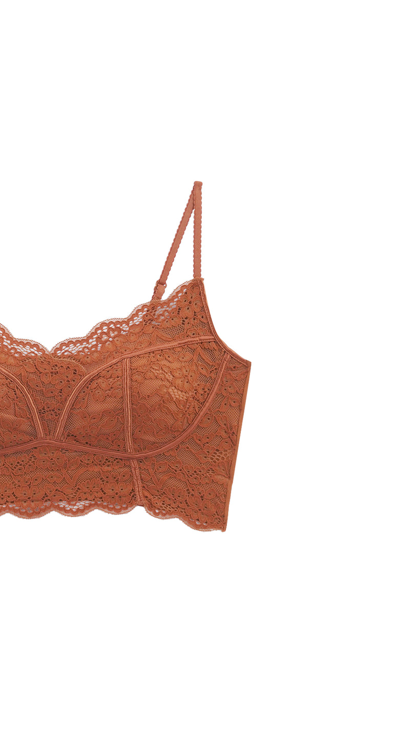 Close-up of rust orange lace bralette strap and cup edge on white background