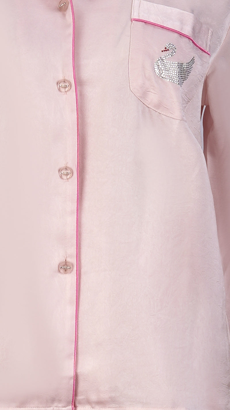 Pink Silk Satin Feather-Cuff Pajama Set
