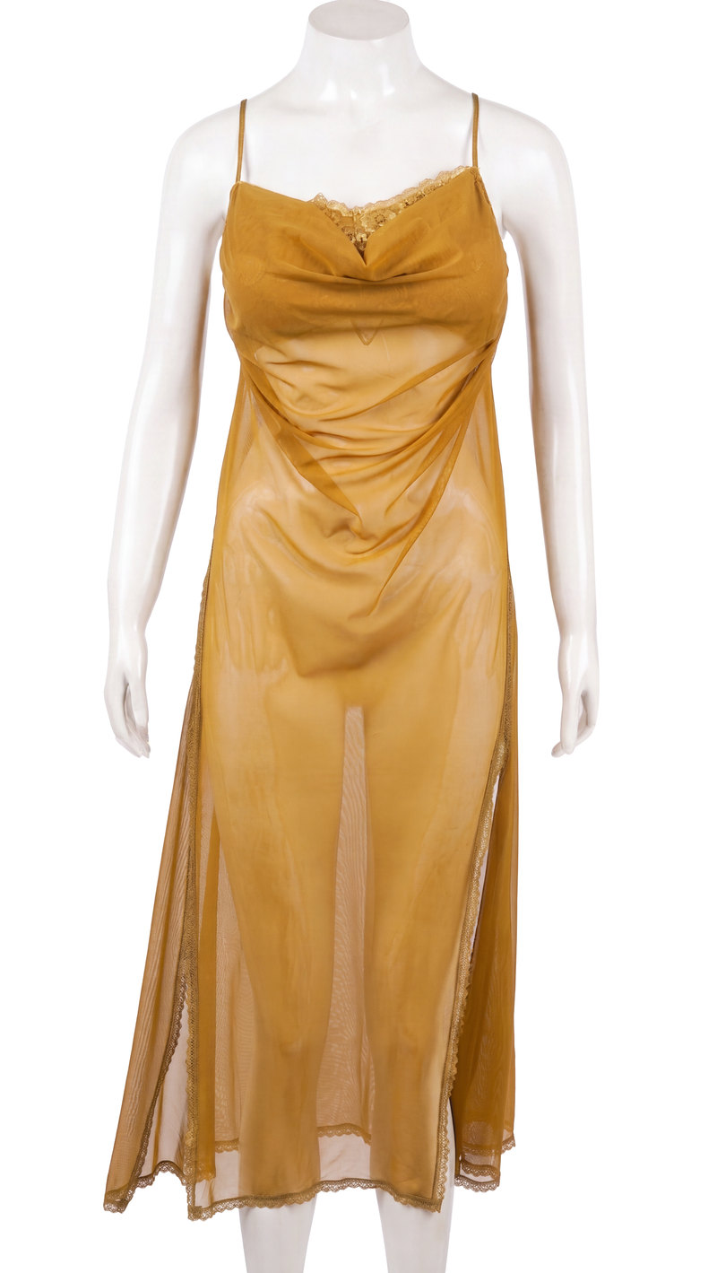 Mustard gold satin slip dress on mannequin, front view