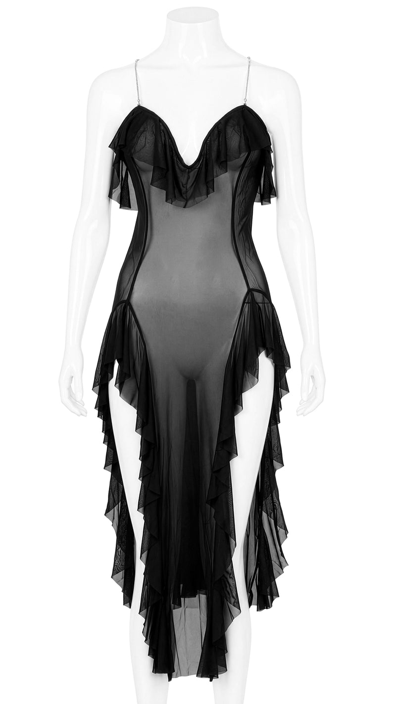 Mannequin display of black sheer ruffle dress with chain straps