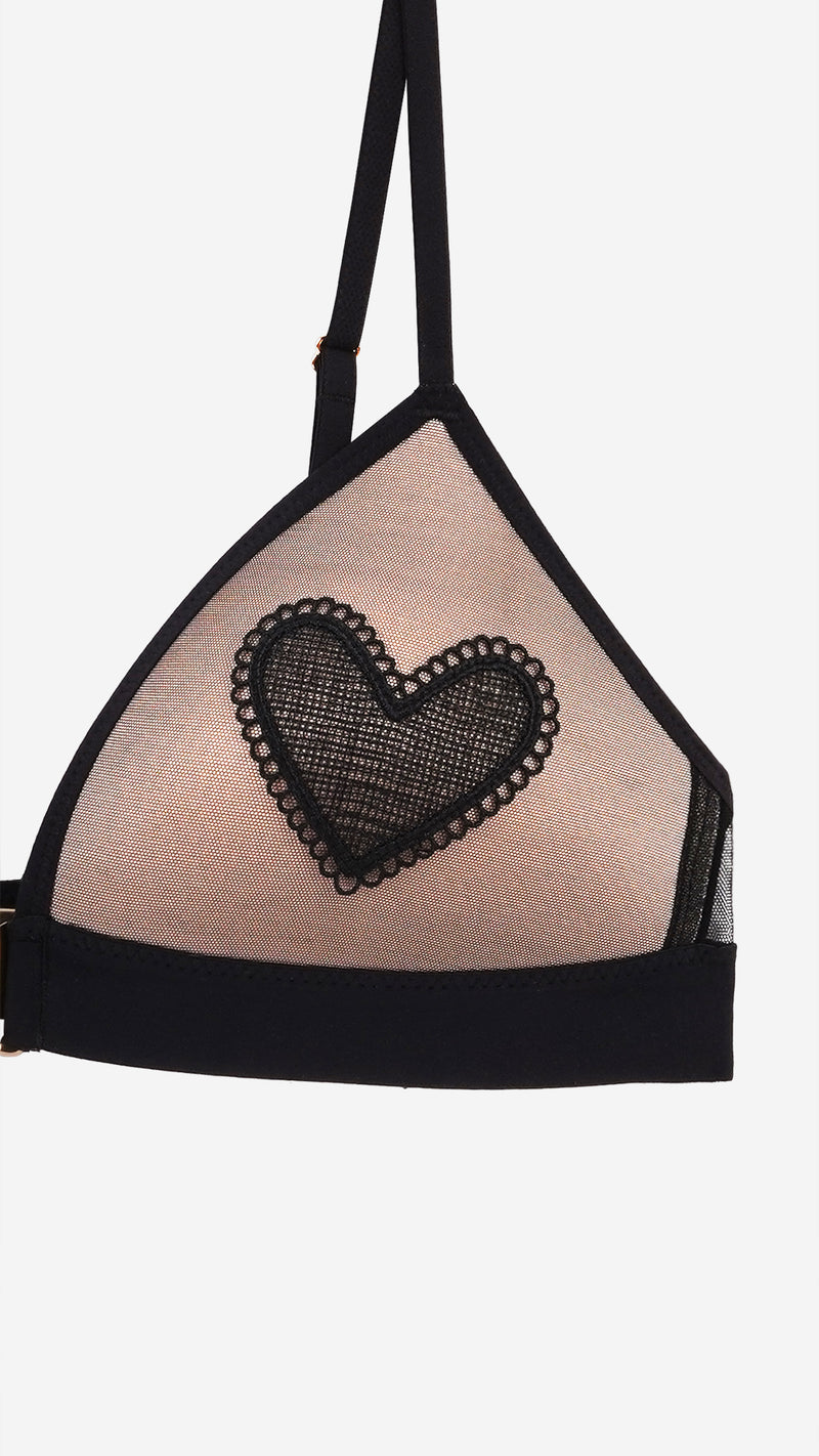 Black Heart Embroidered Front-Open Bralette