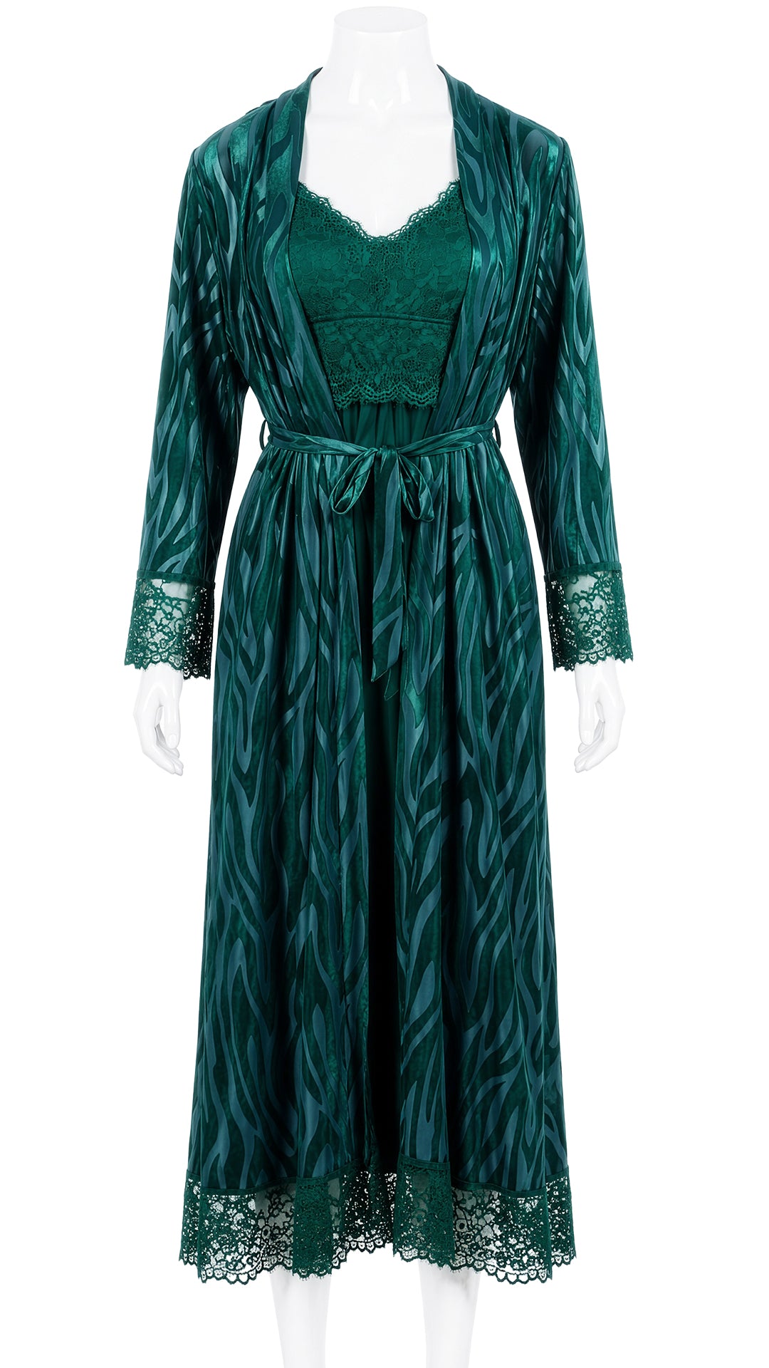 Product shot of emerald green lace nightdress on mannequin