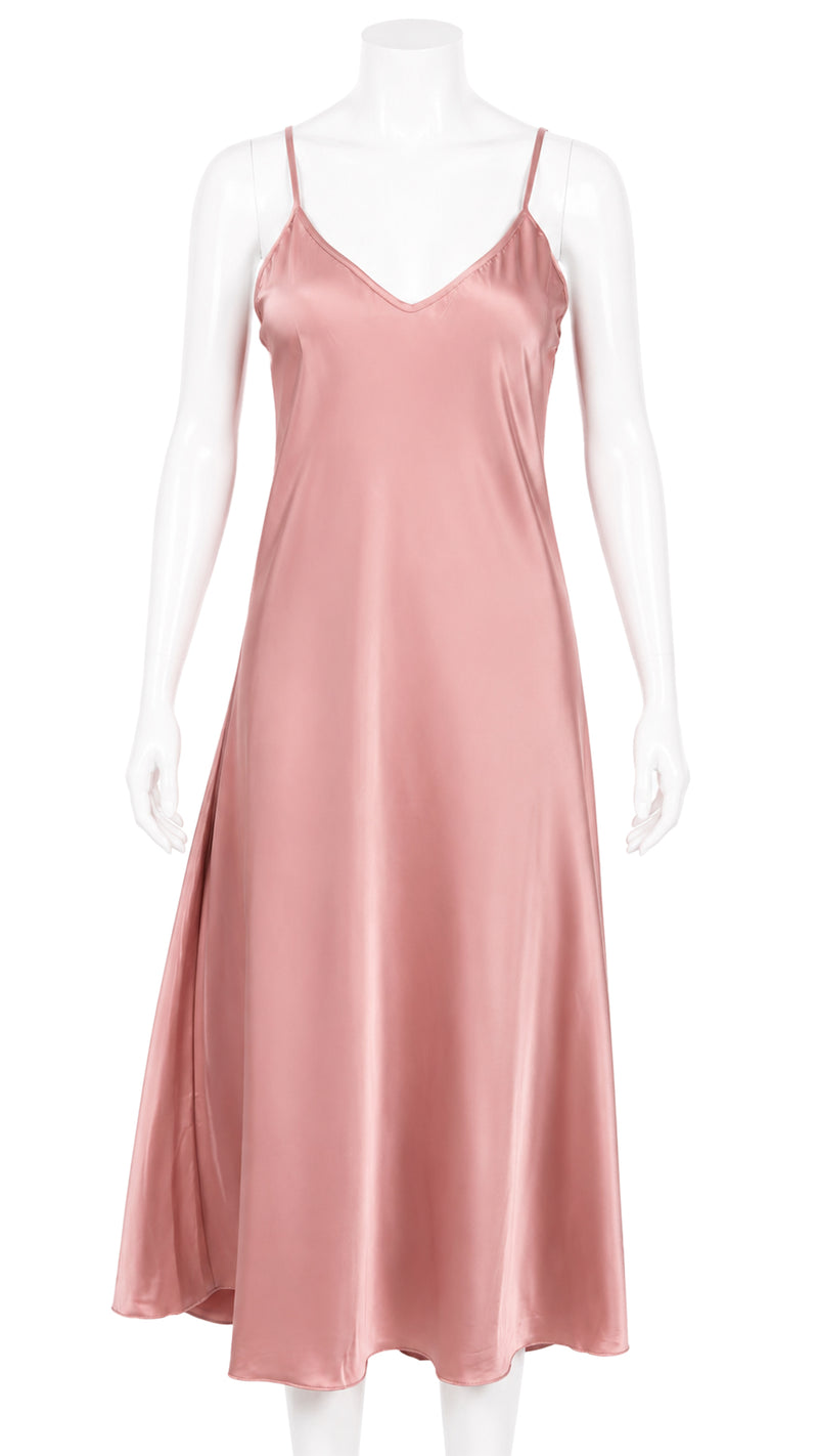 Product shot of dusty pink satin slip dress on mannequin