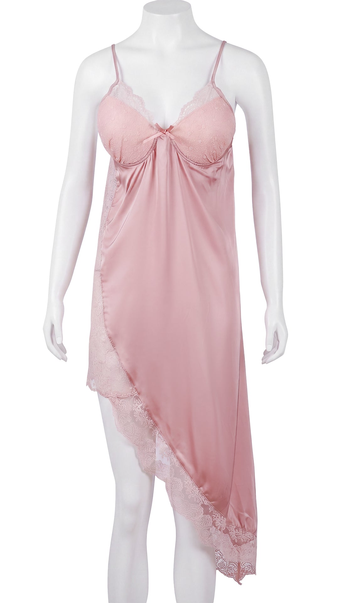 Pink satin babydoll nightdress with lace-cup bodice on mannequin