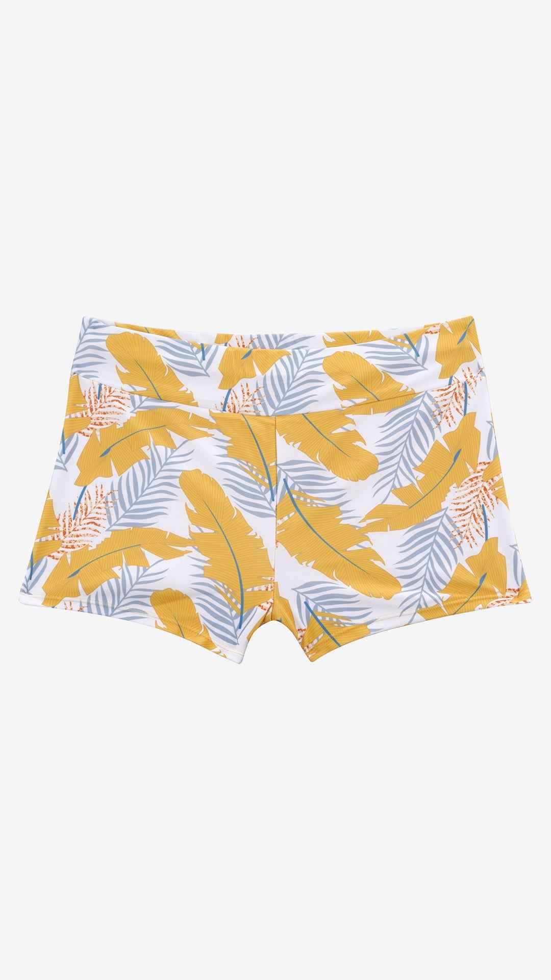 Flat lay of tropical print high-waist shorts, back view