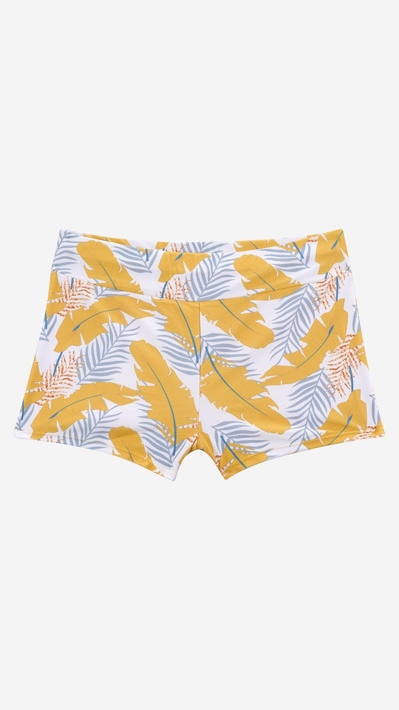 Flat lay of tropical print high-waist shorts, back view