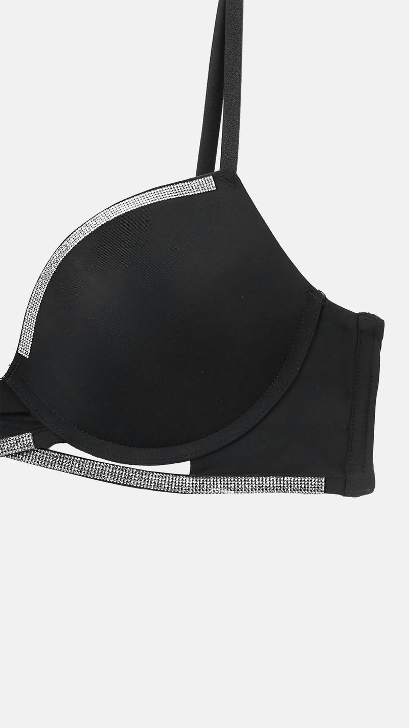 Black Strappy Push-Up Bra with Diamante Trim