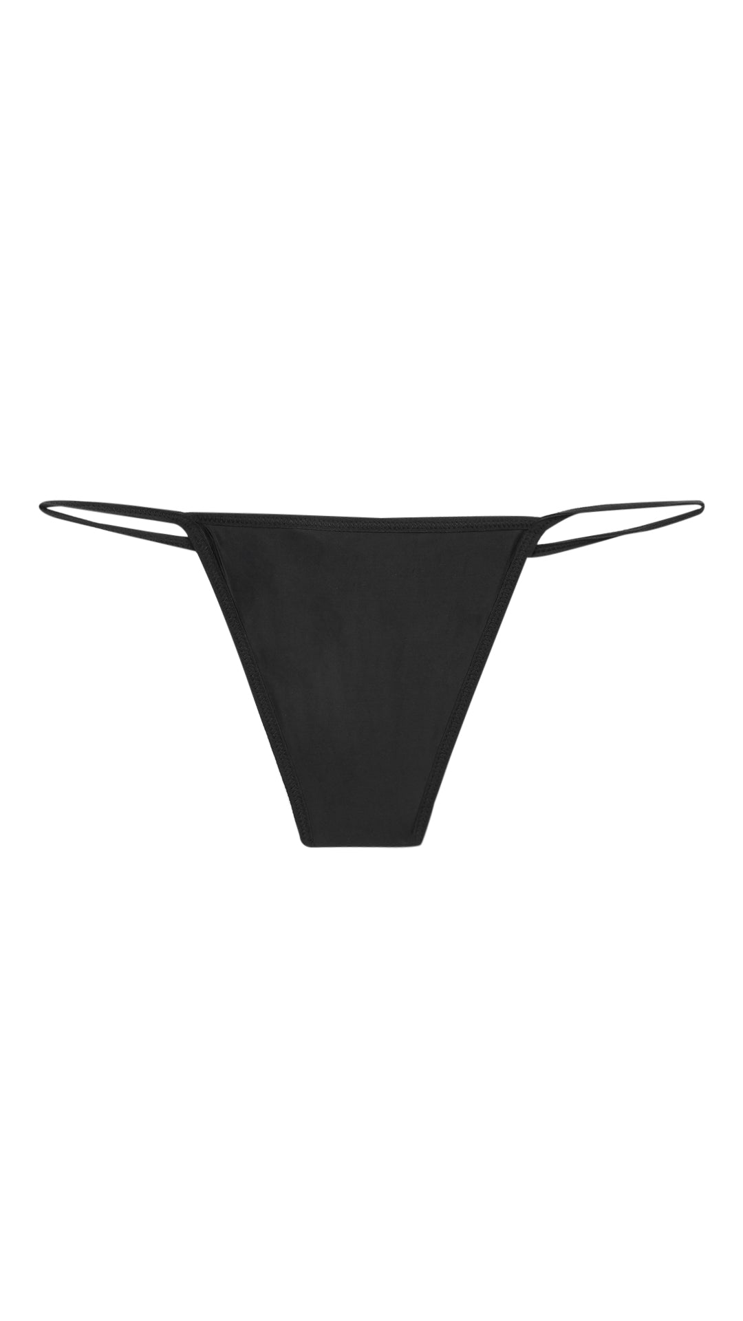 Product shot of black G-string thong on white background