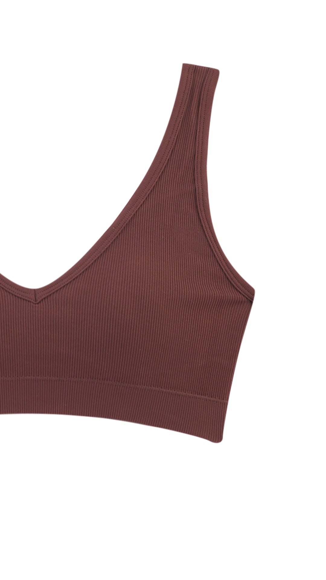 Close-up product shot of ribbed bra strap and neckline