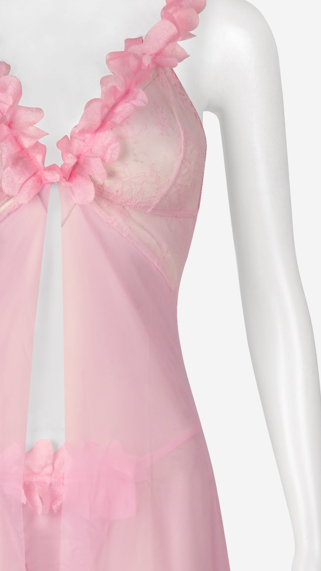 Pink Sheer Floral Trim Long Babydoll Gown